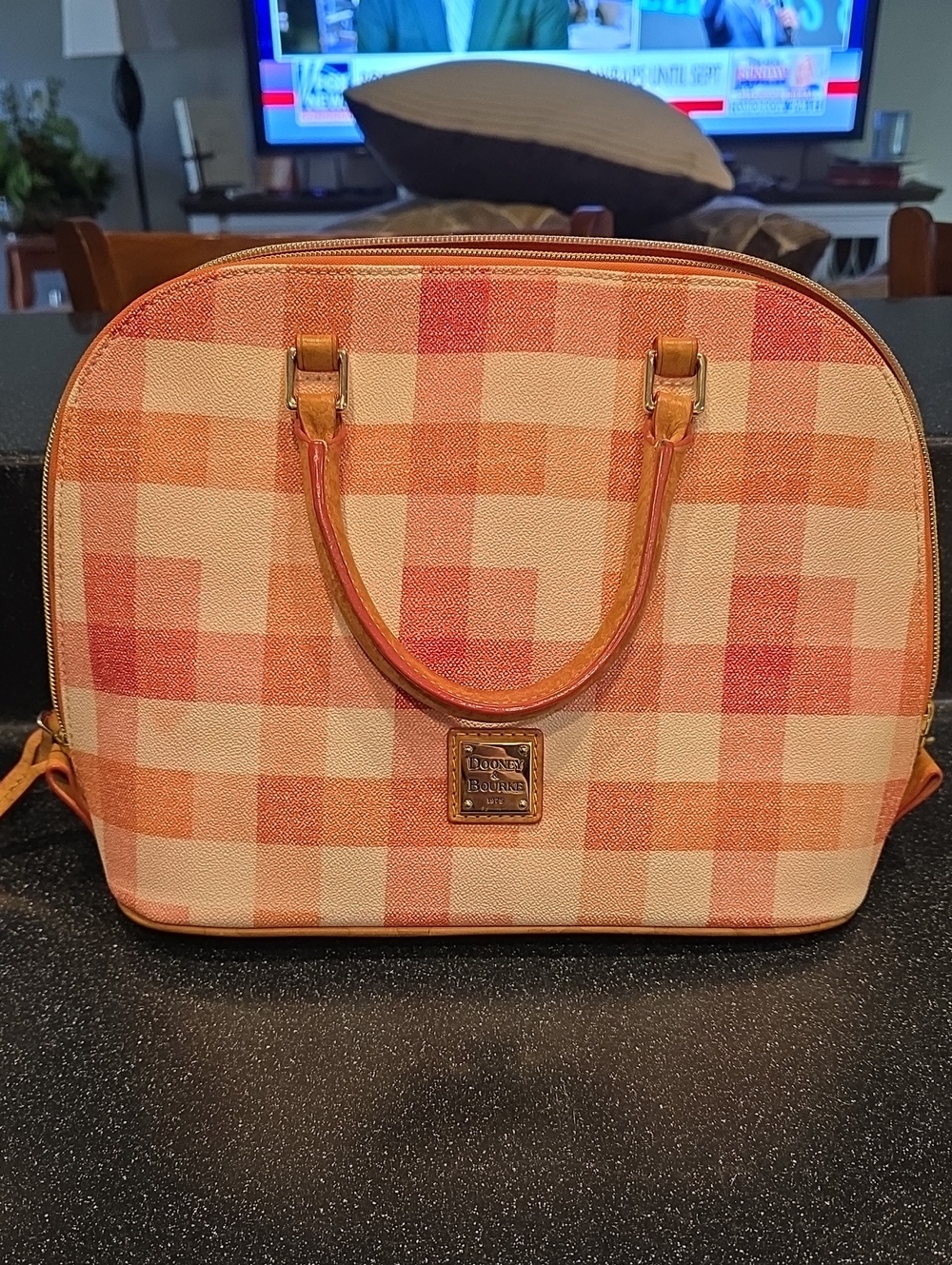 Dooney & Bourke Peach and Cream Plaid Satchel